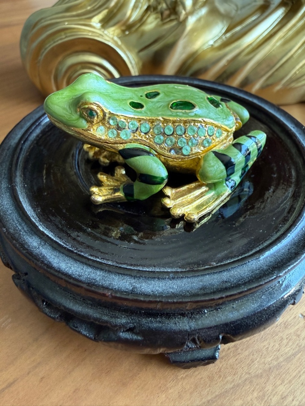 Green and Gold Enamel and Rhinestone Jeweled Frog Trinket Box